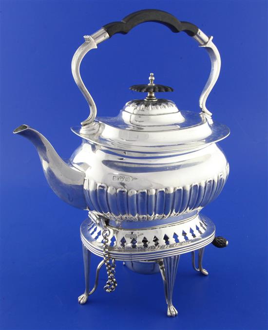An Edwardian demi-fluted silver spirit kettle on stand with burner by Walker & Hall, gross 41 oz.